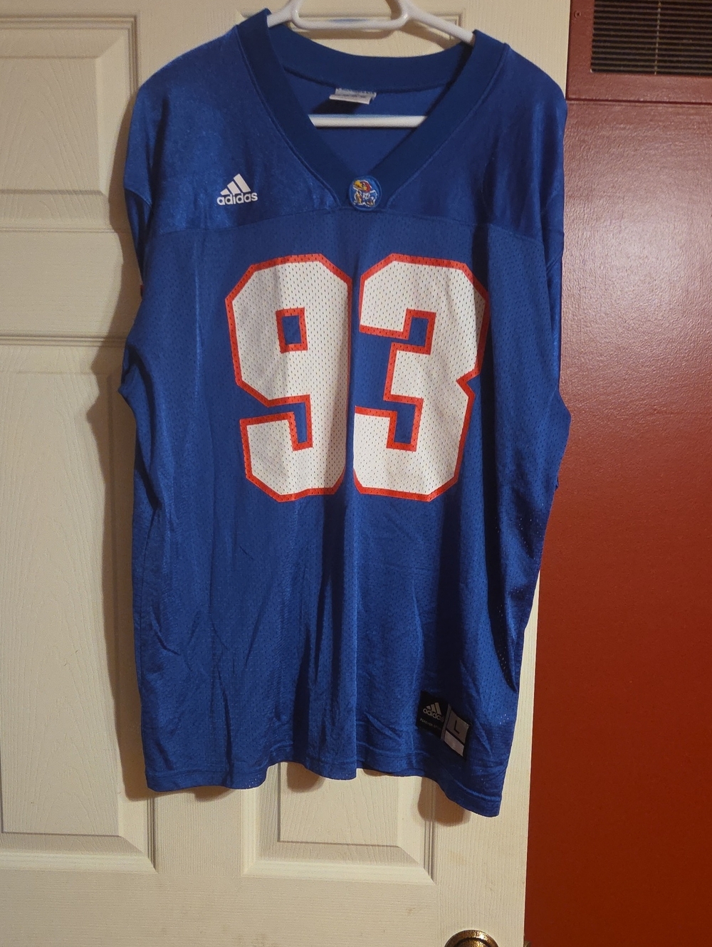 KU adidas Royal Blue Football Jersey with White and Red Accents #93